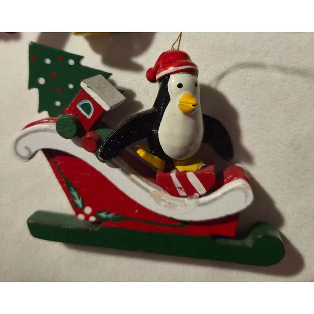 Vintage Wooden Penguin Christmas Ornaments Set of‎ 4 Sleigh Candy Cane Tree Hat